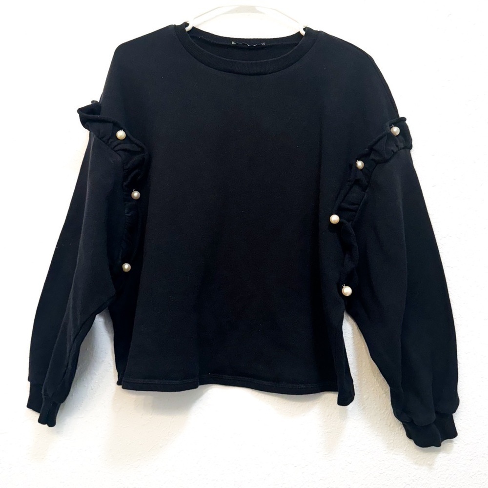 Zara Black Sweatshirt with Pearls and Ruffle Sleeves size small